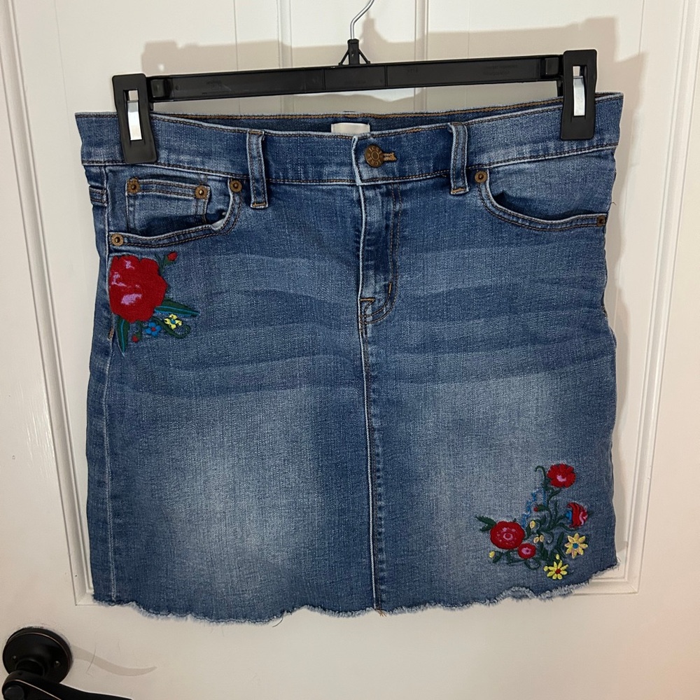 J. Crew Embroidered Floral Denim Skirt - Blue